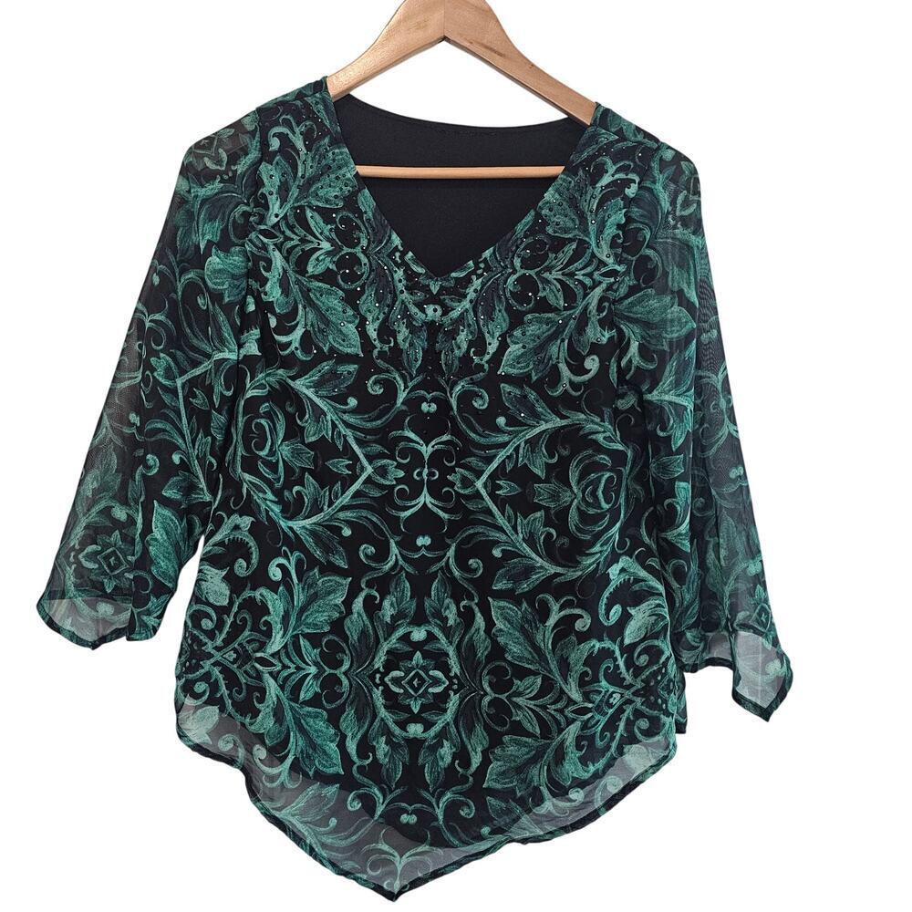 Vintage Y2K Floral Blouse Women Med Green Blk Whimsygoth Fairy Boho Beaded Sheer